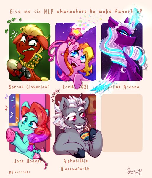 Size: 2705x3156 | Tagged: safe, artist:soniana_draws, derpibooru import, alphabittle (g5), rarity (g3), sprout cloverleaf, alicorn, earth pony, pony, unicorn, six fanarts, g3, g5, angry, female, horn, image, jazz hooves, jpeg, male, mare, opaline arcana, open mouth, open smile, smiling, stallion