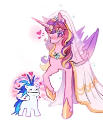 Size: 2304x2806 | Tagged: safe, artist:madisockz, derpibooru import, princess cadance, alicorn, pony, unicorn, blushing, clothes, dishevelled, dress, heart, horn, image, jpeg, meme, size difference, smiling, the bride and the ugly ass groom, toy interpretation, wedding dress