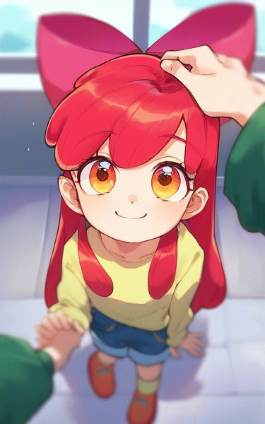 Size: 640x1024 | Tagged: safe, ai content, derpibooru import, editor:sammykun, machine learning generated, stable diffusion, apple bloom, human, adorabloom, anime style, blurry background, bow, child, clothes, cute, denim, denim shorts, female, g4, generator:pony diffusion v6 xl, generator:purplesmart.ai, hair bow, head pat, humanized, image, jpeg, long hair, long sleeved shirt, long sleeves, looking at you, offscreen character, overhead view, pants, pat, pov, prompter:sammykun, shirt, shoes, shorts, smiling, smiling at you, smol