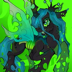 Size: 2037x2048 | Tagged: safe, artist:infinithiez, derpibooru import, queen chrysalis, changeling, changeling queen, pony, big eyes, big horn, black coat, blush sticker, blushing, carapace, changeling horn, cheek fluff, colored eartips, colored horn, colored mouth, crown, ear piercing, earring, fangs, female, fire, gills, green eyes, green sclera, horn, image, insect wings, jewelry, jpeg, long mane, long tail, mare, patterned background, piercing, regalia, sharp teeth, signature, smiling, solo, spread wings, tail, teal mane, teal tail, teeth, thick eyelashes, tiara, torn ear, torn wings, wingding eyes, wings
