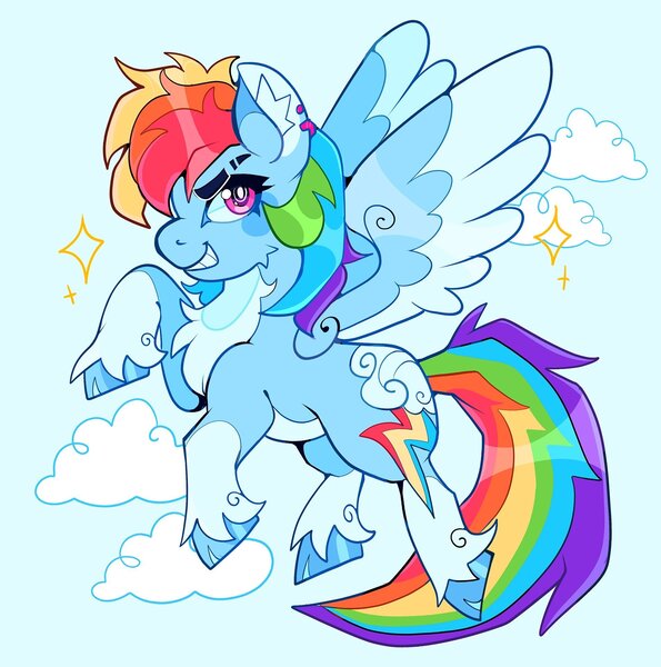 Size: 1904x1920 | Tagged: safe, artist:infinithiez, derpibooru import, rainbow dash, pegasus, pony, alternate design, blue coat, blush sticker, blushing, cheek fluff, chest fluff, cloud, cloven hooves, coat markings, colored belly, colored ear fluff, colored hooves, colored pinnae, colored wings, colored wingtips, day, ear fluff, ear piercing, earring, eyebrow slit, eyebrows, female, flying, g4, image, in air, jewelry, jpeg, long tail, looking back, mare, messy mane, messy tail, multicolored hair, multicolored mane, multicolored tail, narrowed eyes, pale belly, piercing, pink eyes, profile, rainbow hair, rainbow tail, redesign, shiny hoof, sky background, smiling, socks (coat marking), solo, spread wings, tail, thick eyelashes, twitterina design, two toned wings, unshorn fetlocks, wingding eyes, wings
