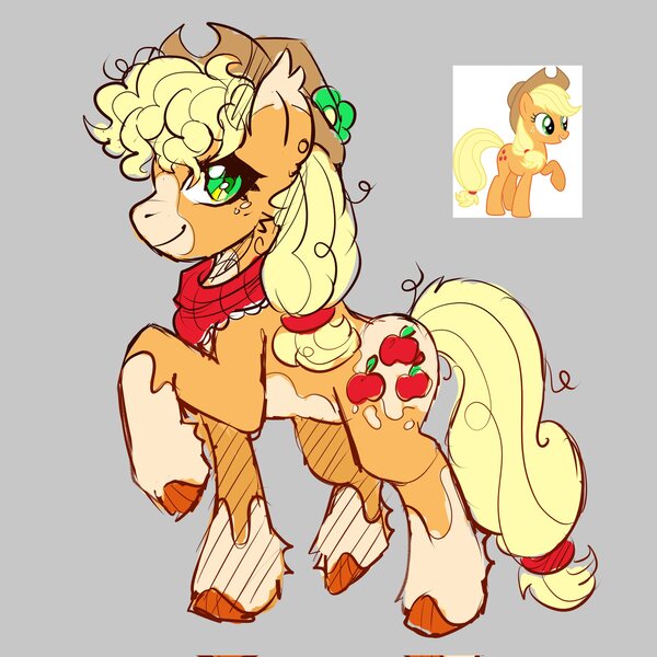 Size: 2048x2048 | Tagged: safe, artist:infinithiez, derpibooru import, applejack, earth pony, pony, alternate color palette, alternate design, applejack's hat, bandana, big ears, blonde mane, blonde tail, coat markings, colored belly, colored eartips, colored hooves, colored sketch, cowboy hat, duality, ear fluff, ear tufts, facial markings, female, fetlock tuft, flower, freckles, g4, gray background, green eyes, hat, image, jpeg, looking back, mare, mealy mouth (coat marking), messy mane, messy tail, orange coat, pale belly, ponytail, raised hoof, redesign, simple background, sketch, smiling, socks (coat marking), solo, splotches, standing, tail, thick eyelashes, tied mane, tied tail, twitterina design, wingding eyes, yellow mane, yellow tail