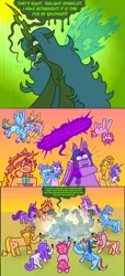 Size: 1600x3506 | Tagged: safe, artist:dapper-lil-arts, ponerpics import, ponybooru import, applejack, fluttershy, pinkie pie, queen chrysalis, rainbow dash, rarity, starlight glimmer, sunset shimmer, trixie, twilight sparkle, twilight sparkle (alicorn), alicorn, changeling, changeling queen, earth pony, pegasus, pony, unicorn, alternate hairstyle, bug spray, colored hooves, comic, defeated, dialogue, female, hoof hold, image, looking at you, mane six, mare, open mouth, pinkie being pinkie, png, raid, sharp teeth, speech bubble, teeth