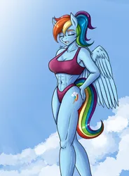Size: 1400x1900 | Tagged: suggestive, artist:zachc, derpibooru import, anthro, pegasus, belly button, clothes, cloud, eyes closed, female, hand on hip, image, png, solo, underwear, wings