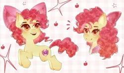 Size: 1199x707 | Tagged: safe, artist:furaneesu, derpibooru import, apple bloom, earth pony, pony, adorabloom, alternate hairstyle, cute, female, filly, foal, freckles, image, jpeg, open mouth, patterned background, smiling, solo