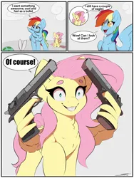 Size: 3000x4000 | Tagged: safe, artist:skitsniga, derpibooru import, fluttershy, rainbow dash, pegasus, pony, may the best pet win, chest fluff, comic, creepy, creepy smile, desert eagle, dialogue, duo, eyebrows, eyebrows visible through hair, female, g4, gray background, grin, gun, handgun, high res, image, mare, no trigger discipline, pistol, png, shrunken pupils, signature, simple background, smiling, speech bubble, spread legs, spread wings, spreading, starry eyes, weapon, wing hands, wingding eyes, wings