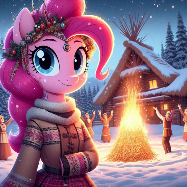 Size: 1024x1024 | Tagged: safe, ai content, derpibooru import, machine learning generated, pinkie pie, anthro, human, bonfire, clothes, fire, heathenism, image, jpeg, outdoors, shrovetide, slavic, snow, winter, winter outfit