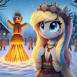 Size: 1024x1024 | Tagged: safe, ai content, derpibooru import, machine learning generated, derpy hooves, anthro, human, bonfire, clothes, fire, heathenism, image, jpeg, outdoors, shrovetide, slavic, snow, winter, winter outfit