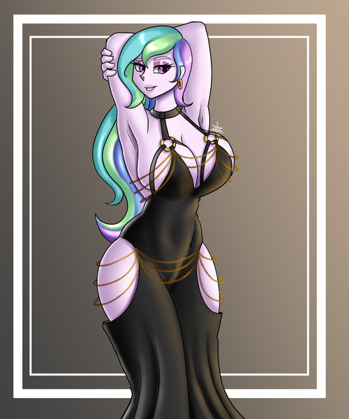 Size: 1500x1800 | Tagged: suggestive, artist:zachc, derpibooru import, princess celestia, human, equestria girls, arm behind head, armpits, big breasts, breasts, clothes, commission, dress, female, g4, image, png, principal celestia, smiling, solo, ych result