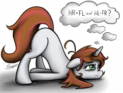 Size: 1730x1316 | Tagged: source needed, safe, artist:scipius, oc, oc:rosy stripes, unofficial characters only, pony, unicorn, face down ass up, female, floppy ears, image, implied transformation, jpeg, mare, signature, simple background, thinking, thought bubble, tired, white background