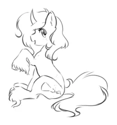 Size: 1832x1958 | Tagged: safe, artist:opalacorn, derpibooru import, oc, unofficial characters only, pony, unicorn, bust, curved horn, female, grayscale, hoof fluff, horn, image, jpeg, long feather, mare, monochrome, open mouth, open smile, raised hoof, simple background, sitting, smiling, solo, unshorn fetlocks, white background