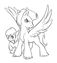 Size: 1678x1857 | Tagged: safe, artist:opalacorn, derpibooru import, oc, unofficial characters only, earth pony, pegasus, pony, chest fluff, duo, frown, furrowed brow, grayscale, image, jpeg, monochrome, protecting, simple background, size difference, spread wings, unshorn fetlocks, white background, wings