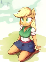 Size: 3000x4000 | Tagged: safe, artist:irizen, derpibooru import, applejack, anthro, earth pony, unguligrade anthro, clothes, equestria girls outfit, female, high res, image, kneeling, png, solo