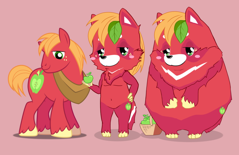 Size: 2490x1617 | Tagged: safe, artist:rockarboom, derpibooru import, big macintosh, earth pony, pony, tanooki, apple, food, image, male, png, simple background, solo, species swap, stallion