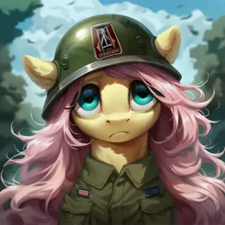 Size: 4096x4096 | Tagged: safe, ai content, derpibooru import, machine learning generated, prompter:enterusxrname, stable diffusion, fluttershy, pegasus, pony, absurd resolution, army helmet, clothes, cloud, flowing mane, generator:purplesmart.ai, helmet, image, jpeg, outdoors, solo, thousand yard stare, tree, upscaled