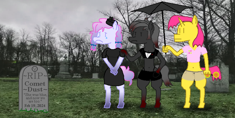 Size: 1568x792 | Tagged: safe, derpibooru import, oc, oc:blood stain, oc:comet dust, oc:heavy weather, oc:twister pop, anthro, unguligrade anthro, 1000 hours in ms paint, clothes, crying, dress, frown, gravestone, graveyard, hand in pocket, hand on shoulder, hat, image, png, polo shirt, sad, shirt, shorts, t-shirt, umbrella