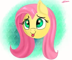 Size: 3000x2500 | Tagged: safe, artist:bazza, derpibooru import, fluttershy, pegasus, pony, bust, cute, derpibooru exclusive, disembodied head, g4, image, paint tool sai, png, portrait, shyabetes, signature, simple background, simple shading, tongue out