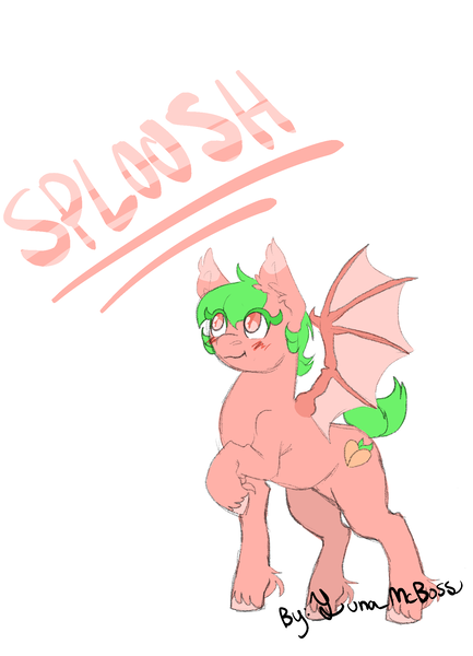 Size: 1503x2085 | Tagged: safe, artist:luna_mcboss, derpibooru import, oc, oc:sploosh, bat, bat pony, fruit bat, pony, bat pony oc, bat wings, ear fluff, feathered fetlocks, food, fruit, green mane, image, peach, pink coat, pink eyes, png, raised leg, short mane, simple background, white background, wings