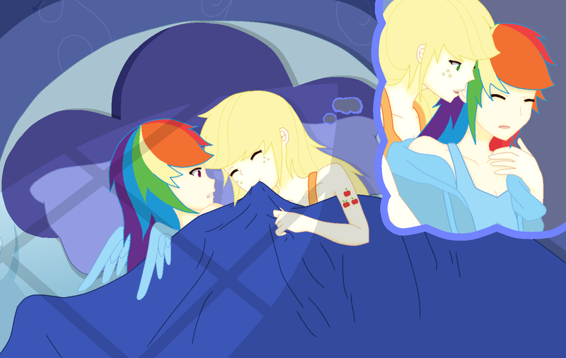 Size: 1700x1077 | Tagged: suggestive, artist:kyriena, derpibooru import, applejack, rainbow dash, human, appledash, bed, biting, ear bite, female, g4, humanized, image, lesbian, png, shipping