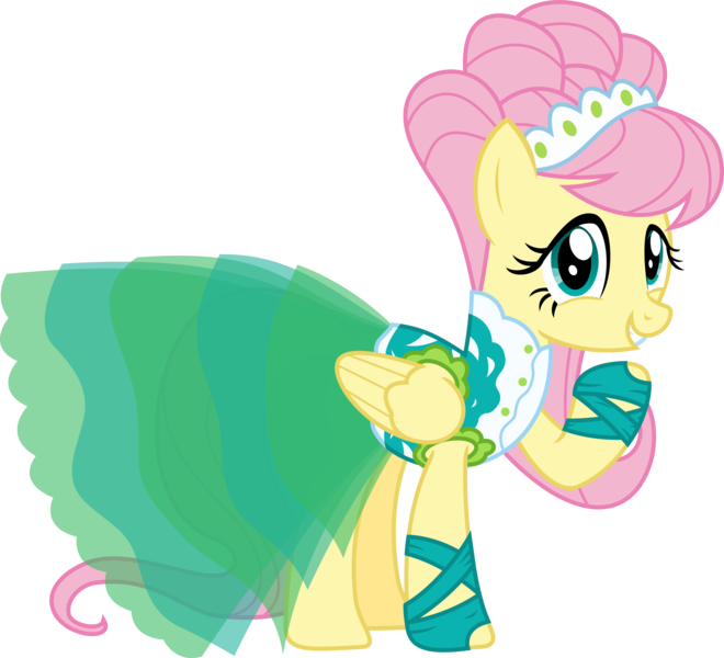 Size: 3444x3129 | Tagged: safe, artist:sketchmcreations, derpibooru import, fluttershy, pegasus, pony, green isn't your color, season 1, alternate hairstyle, clothes, dress, female, g4, gown, green, headdress, image, mare, modelshy, png, raised hoof, simple background, smiling, transparent background, vector