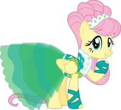 Size: 3444x3129 | Tagged: safe, artist:sketchmcreations, derpibooru import, fluttershy, pegasus, pony, green isn't your color, season 1, alternate hairstyle, clothes, dress, female, g4, gown, green, headdress, image, mare, modelshy, png, raised hoof, simple background, smiling, transparent background, vector