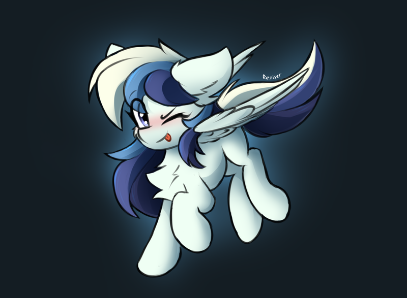 Size: 1500x1100 | Tagged: safe, artist:rejiser, derpibooru import, oc, oc:lily, unofficial characters only, pegasus, pony, chest fluff, cute, dark background, ear fluff, female, floppy ears, flying, gray background, image, looking at you, one eye closed, png, raised hoof, simple background, solo, tail, tongue out, wings, wink