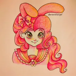 Size: 2048x2048 | Tagged: safe, artist:dariarchangel, derpibooru import, pinkie pie, human, bunny ears, bust, crossover, female, humanized, image, jpeg, my melody, sanrio, solo, traditional art