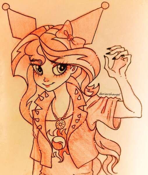Size: 1734x2048 | Tagged: safe, artist:dariarchangel, derpibooru import, sunset shimmer, human, bow, crossover, female, fingernails, hair bow, humanized, image, jewelry, jpeg, kuromi, long nails, monochrome, necklace, sanrio, solo, traditional art