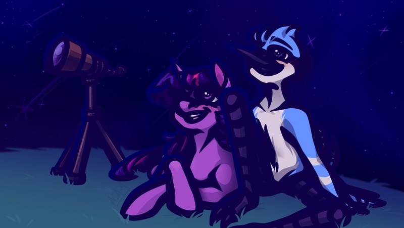 Size: 1136x640 | Tagged: safe, derpibooru import, twilight sparkle, bird, blue jay, pony, unicorn, crossed hooves, crossover, crossover shipping, female, g4, grass, hill, horn, image, jpeg, looking up, male, mordecai, mordetwi, night, night sky, regular show, shipping, sitting, sky, stargazing, straight, telescope