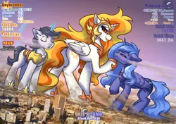 Size: 2048x1440 | Tagged: suggestive, artist:ravistdash, derpibooru import, daybreaker, princess celestia, princess luna, oc, oc:greyline, alicorn, pony, city, cloud, destruction, grin, growth drive, hoof shoes, image, macro, magic, png, smiling