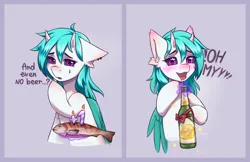 Size: 2850x1850 | Tagged: safe, artist:moewwur, artist:rin-mandarin, derpibooru import, oc, oc:rainbow rivey, unofficial characters only, fish, pegasus, pony, alcohol, beer, birthday, birthday cake, blue mane, bow, cake, drink, food, horns, image, light skin, male, one eye closed, pegasus oc, png, purple eyes, solo, stallion, wings, wink