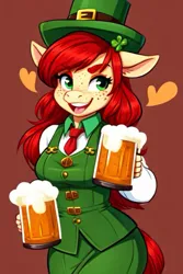 Size: 553x829 | Tagged: safe, ai content, derpibooru import, machine learning generated, prompter:chillyhooves, stable diffusion, oc, anthro, pony, alcohol, beer, clover, female, four leaf clover, holiday, image, jpeg, leprechaun, saint patrick's day, solo