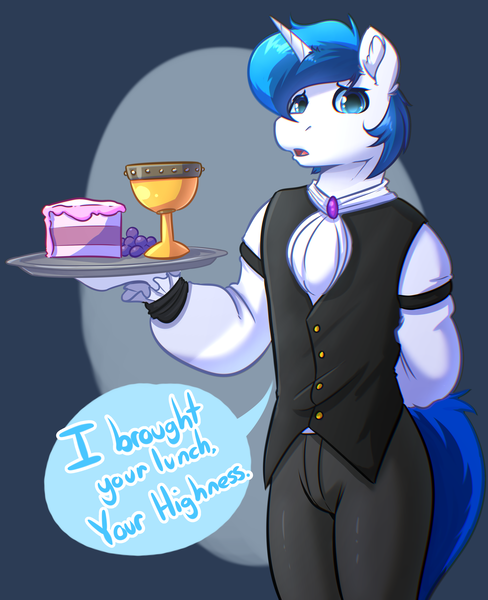 Size: 3056x3760 | Tagged: safe, artist:witchtaunter, ponerpics import, ponybooru import, oc, oc:blueberry sugar, anthro, plantigrade anthro, pony, unicorn, abstract background, alcohol, broach, butler, cake, clothes, commission, cute, digital art, femboy, food, grapes, image, implied princess twilight, lace, lunch, male, platter, png, ruffle tie, ruffles, shy, slice of cake, solo, solo male, speech bubble, stallion, text, vest, wine