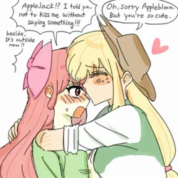 Size: 2000x2000 | Tagged: safe, artist:meowjuice_, derpibooru import, apple bloom, applejack, human, equestria girls, apple sisters, blushing, eyes closed, female, g4, heart, image, jpeg, kissing, siblings, simple background, sisters, speech bubble, sweat, sweatdrop, text, white background
