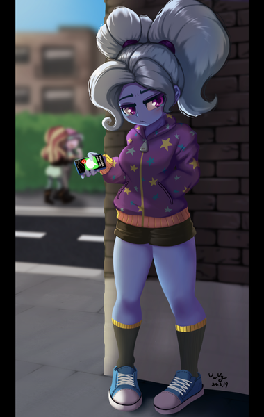 Size: 634x1000 | Tagged: safe, artist:the-park, derpibooru import, starlight glimmer, sunset shimmer, trixie, equestria girls, alternate hairstyle, babysitter trixie, building, clothes, g4, gameloft, hoodie, image, mobile phone, my little pony: magic princess, phone, png, sad, shorts, standing, street, wall