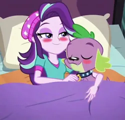 Size: 1016x976 | Tagged: suggestive, ai content, derpibooru import, machine learning generated, spike, starlight glimmer, dog, human, equestria girls, movie magic, spoiler:eqg specials, age difference, beanie, beautiful, beautiful eyes, beautiful hair, bed, bedroom, bedroom eyes, blanket, blushing, clothed version, clothes, cuddling, eyeshadow, female, g4, girly, good girl, good girl starlight, hair, happy, hat, human coloration, humanized, image, in love, jpeg, lesbian, long hair, makeup, male, male and female, multicolored hair, petting, pillow, pink skin, prompter:angel-saez, proud, purple eyes, purple eyeshadow, ship:sparlight, shipping, shirt, show accurate, sleeping, smiling, spike the dog, straight, t-shirt, teenage girls, teenage glimmer, teenage starlight glimmer, teenager