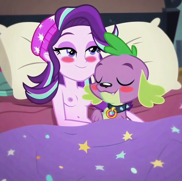 Size: 1023x1020 | Tagged: questionable, ai content, derpibooru import, machine learning generated, spike, starlight glimmer, dog, human, equestria girls, age difference, areola, beanie, beautiful, beautiful eyes, beautiful hair, beautisexy, bed, bedroom, bedroom eyes, belly button, bestiality, blanket, blushing, breasts, busty starlight glimmer, cuddling, duo, eyeshadow, female, fetish, g4, girly, good girl, good girl starlight, hair, happy, hat, human coloration, humanized, image, imminent handjob, imminent sex, implied handjob, implied sex, in love, interspecies, long hair, makeup, male, male and female, multicolored hair, nipples, nude version, nudity, pillow, pink skin, png, prompter:angel-saez, proud, purple eyes, purple eyeshadow, ship:sparlight, shipping, show accurate, sleeping, small areola, small breasts, smiling, spike the dog, straight, teenage girls, teenage glimmer, teenage starlight glimmer, teenager