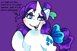 Size: 672x445 | Tagged: safe, artist:twigsyy, derpibooru import, rarity, pony, unicorn, bow, g4, hat, horn, image, png, purple background, simple background, solo, tail, tail bow