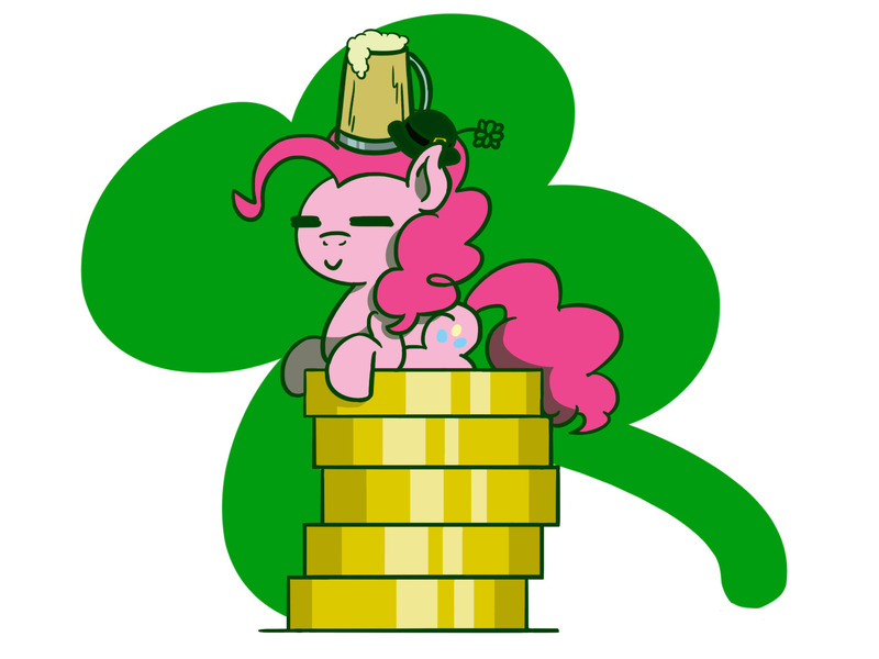Size: 1800x1350 | Tagged: safe, artist:flutterluv, derpibooru import, pinkie pie, earth pony, pony, beer mug, clover, coin, eyes closed, g4, hat, holiday, image, jpeg, lying down, prone, saint patrick's day, smiling, solo