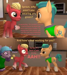 Size: 1920x2160 | Tagged: safe, artist:red4567, derpibooru import, hitch trailblazer, izzy moonbow, sprout cloverleaf, earth pony, pony, unicorn, g5, 3d, clothes, comic, dialogue, female, green clothes, holiday, hoodie, horn, image, male, mare, ouch, pinch, png, saint patrick's day, smiling, source filmmaker, stallion, sweater, unshorn fetlocks, vest