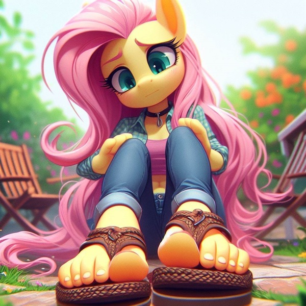 Size: 1024x1024 | Tagged: safe, ai content, derpibooru import, machine learning generated, prompter:lukington17, fluttershy, anthro, plantigrade anthro, beach chair, belly button, blushing, chair, choker, clothes, confused, denim, feet, flip-flops, foot focus, garden, image, jeans, jpeg, pants, sandals, shirt, toes