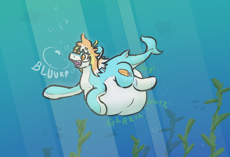 Size: 1386x944 | Tagged: suggestive, artist:voraciouscutie, derpibooru import, oc, oc:creamsicle wave, original species, pony, shark, shark pony, belly, big belly, burp, digestion, fetish, fish tail, gradient background, huge belly, image, impossibly large belly, nonbinary, nonbinary pred, png, same size vore, shark tail, shark teeth, solo, tail, underwater, unknown prey, vore, water