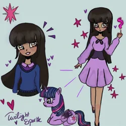 Size: 1280x1280 | Tagged: safe, artist:artmiiracle, derpibooru import, twilight sparkle, twilight sparkle (alicorn), alicorn, human, pony, blue background, clothes, dress, female, flats, grin, humanized, image, jpeg, lying down, magic, mare, natural hair color, prone, shirt, shoes, simple background, skirt, smiling, sweater