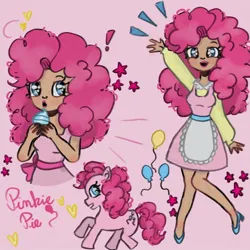 Size: 1280x1280 | Tagged: safe, artist:artmiiracle, derpibooru import, pinkie pie, earth pony, human, pony, alternate hairstyle, apron, clothes, cupcake, dress, female, food, high heels, humanized, image, jpeg, lipstick, makeup, mare, open mouth, pink background, shoes, simple background, solo, waving