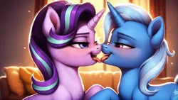 Size: 1920x1080 | Tagged: suggestive, ai content, anonymous prompter, derpibooru import, machine learning generated, stable diffusion, starlight glimmer, trixie, female, generator:pony diffusion v6 xl, image, kissing, lesbian, png, shipping, startrix