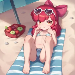 Size: 1024x1024 | Tagged: suggestive, ai content, machine learning generated, apple bloom, human, apple, beach, beach towel, belly button, bikini, bow, breasts, child, clothes, delicious flat chest, female, food, heart shaped glasses, humanized, image, lolicon, looking at you, looking up, micro bikini, orange eyes, png, red hair, sand, shadow, smiling, smiling at you, solo, solo female, solo focus, sunglasses, swimsuit, tight clothing, towel, umbrella, underage