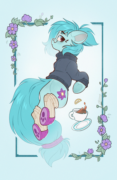 Size: 1341x2057 | Tagged: safe, artist:rexyseven, derpibooru import, oc, oc:whispy slippers, unofficial characters only, earth pony, pony, clothes, cup, earth pony oc, female, glasses, image, mare, png, slippers, socks, solo, sweater, teacup