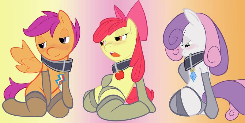 Size: 6000x3010 | Tagged: artist needed, suggestive, apple bloom, scootaloo, sweetie belle, pony, blushing, clothes, collar, colorful background, female, filly, foal, gloves, image, jpeg, long gloves, owned, panties, socks, stockings, thigh highs, underage, underwear