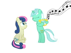 Size: 2440x1825 | Tagged: safe, artist:starshinesprint, derpibooru import, bon bon, lyra heartstrings, sweetie drops, earth pony, unicorn, g4, horn, image, lyre, music, music notes, musical instrument, png, simple background, white background