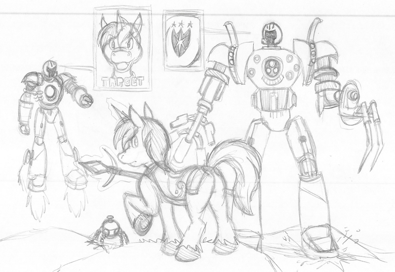 Size: 1866x1287 | Tagged: safe, artist:dingopatagonico, derpibooru import, shining armor, unicorn, horn, image, jpeg, marvel, sentinel, sketch, solo, x-men